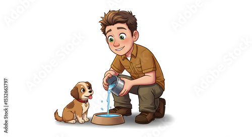 Caring for Pets A heartwarming illustration of a boy giving water to his puppy