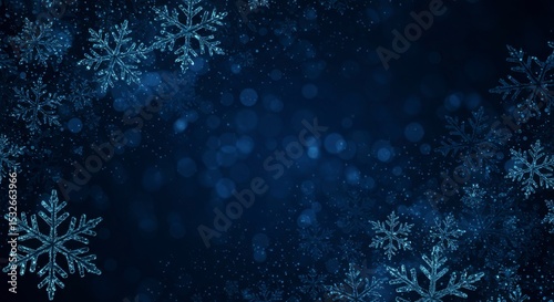 Dark blue background with scattered snowflakes and bokeh lights, creating a wintery atmosphere