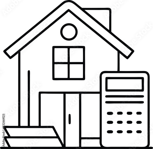 House and Calculator Outline Symbolizing Real Estate Costs, Mortgage Rates, and Home Affordability