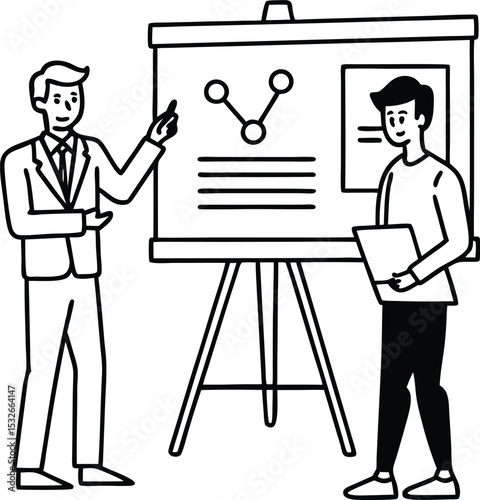 Line Art Illustration of a Business Presentation with Two Men and a Flip Chart