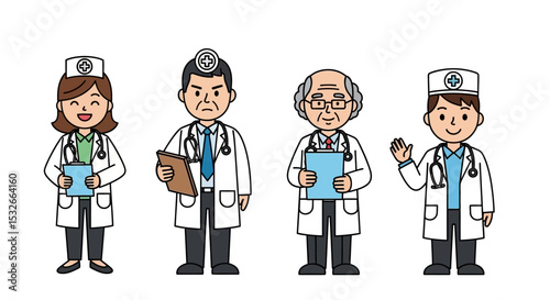 Diverse Team of Cartoon Doctors Male, Female, Senior, and Junior Medical Professionals