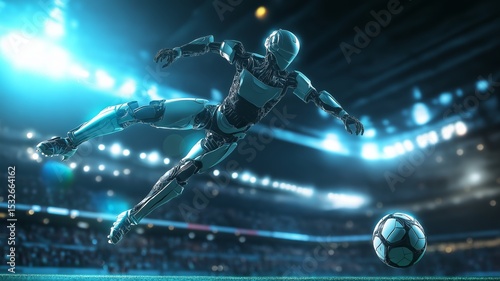 Futuristic humanoid robot performing a soccer kick in a high-tech stadium during a spirited match
