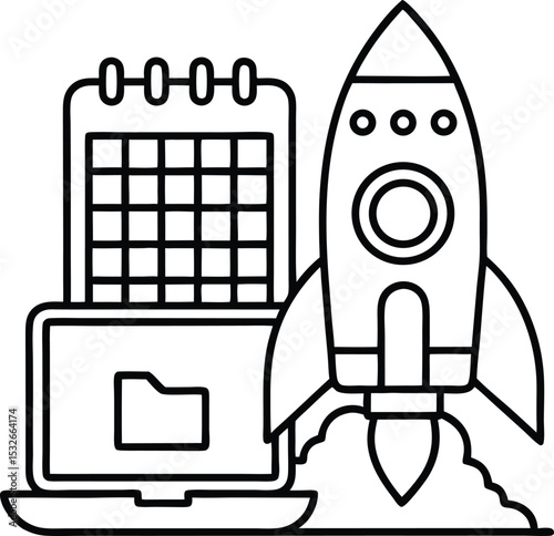 Line Art Laptop, Calendar, and Launching Rocket, Representing Project Timeline and Scheduled Product Release