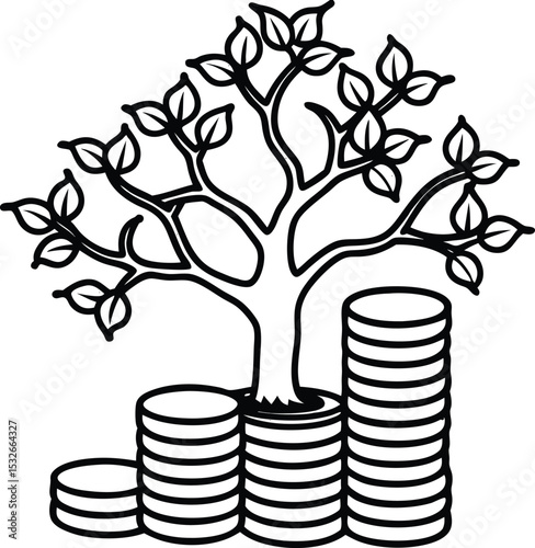 Outlined Depicting a Tree Rooted in Stacks of Coins, Symbolizing Financial Growth