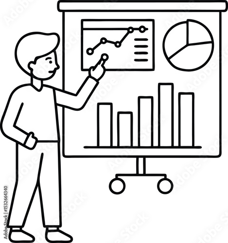 Outlined Illustration Presenter Pointing at Growth Chart and Pie Chart on Display Board
