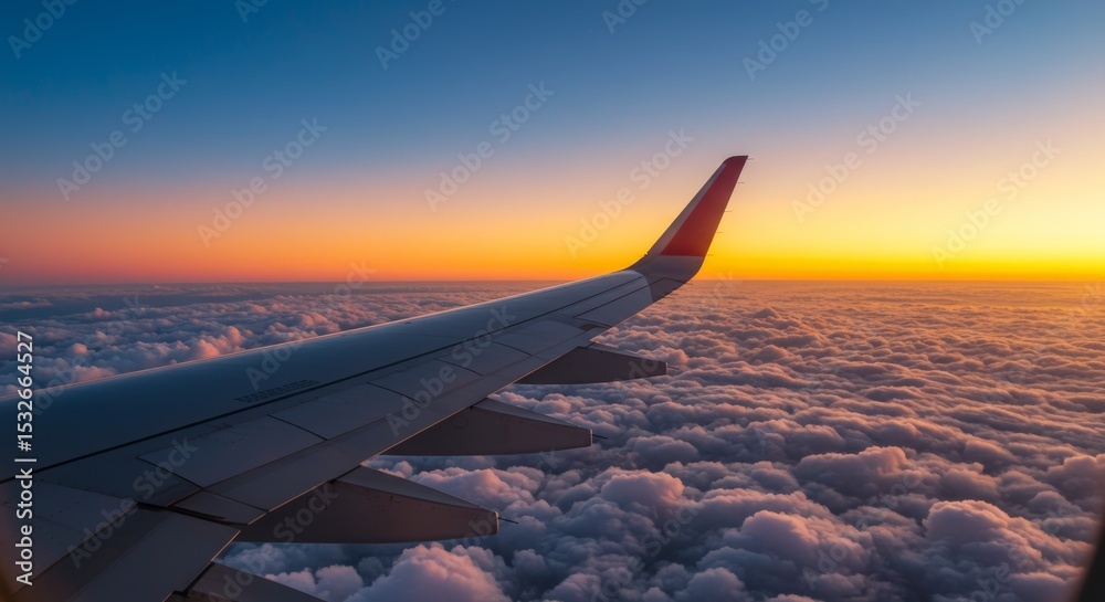 Obraz premium Airplane wing soaring above clouds during stunning sunset emitting golden light