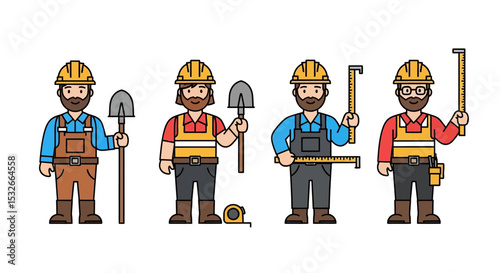 Construction Workers Illustration Set of Four Diverse Male Construction Workers with Tools