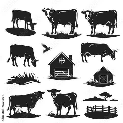 A collection of vector silhouettes depicting various aspects of a dairy farm or rural setting. Includes cows in different poses (grazing, standing), farm buildings (barns, sheds), a bird, a fence, and