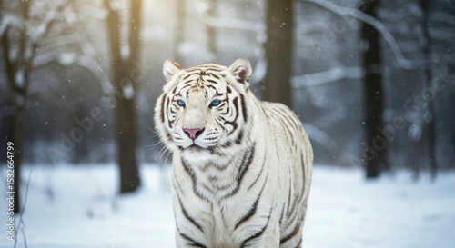 Majestic white tiger in a snowy forest