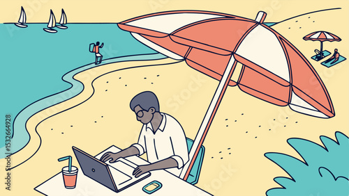 Man working on laptop under umbrella on beach with sailboats and people sunbathing in the background view