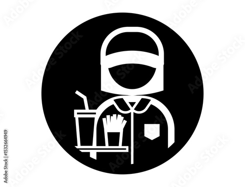 ポテトとジュースを持つファーストフード店員の丸いシンプルなモノクロ白抜きイラストアイコン