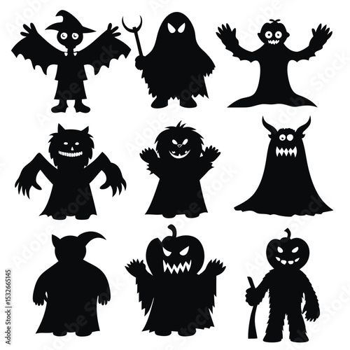 A collection of nine black silhouette Halloween characters, including witches, ghosts, monsters, and jack-o'-lanterns.