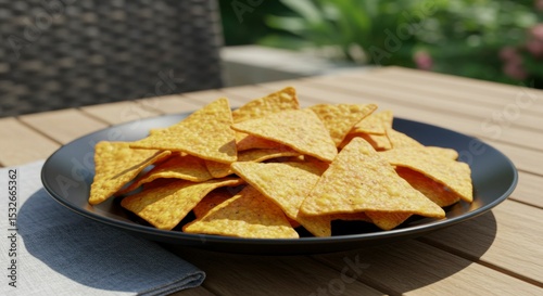 Pile of golden tortilla chips on a dark plate