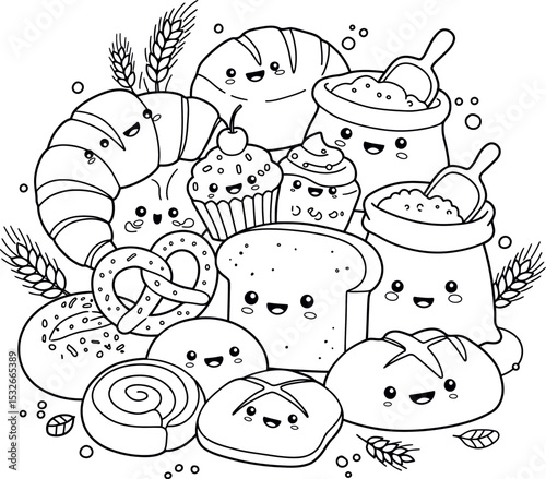 A whimsical coloring page featuring a delightful group of kawaii-style baked goods. Smiling bread, croissants, cupcakes, and flour sacks gather for a cheerful bakery party.