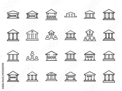 Set of Bank and Financial Institution Icons – Black Line Style Silhouettes on White Background for Web, App, and Graphic Design Projects