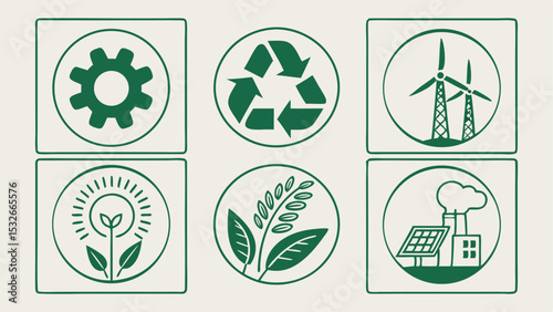 Illustration featuring a gear, recycle symbol, windmills, plant with sun, wheat, and factory with solar panel