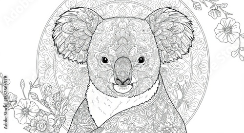 Intricate koala portrait adorned with floral mandala designs and decorative patterns
