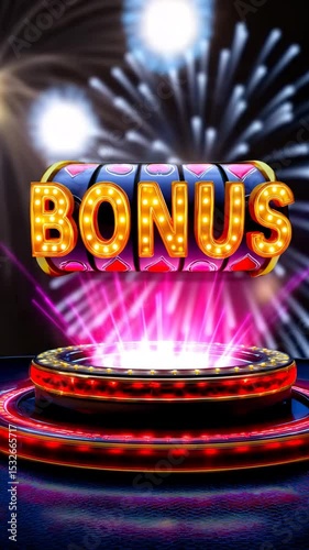 A captivating digital representation of a bonus symbol, emanating vibrant energy with radiant lights and a backdrop of celebratory fireworks, symbolizing rewards and winning