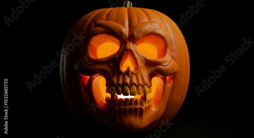 Carved pumpkin, skull face, glowing light inside