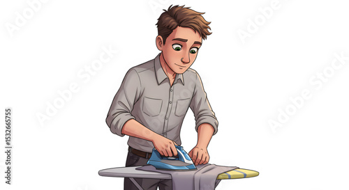 Young Man Ironing Clothes A Detailed Illustration