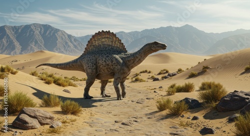 Prehistoric creature in a desert landscape.  Dinosaur stands in a pathway, surrounded by sand dunes and mountains