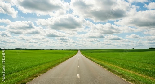 A long road stretches straight towards the horizon, framed by vibrant green fields beneath a cloudy sky