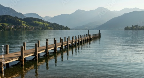 Wooden pier stretches into calm lake, mountains in the background. Scenic summer day, idyllic landscape with clear water