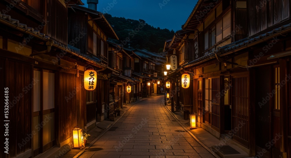 Tranquil, dimly lit alleyway in a historic Asian town at twilight, showcasing traditional architecture and warm lantern glow Tranquil, dimly lit alleyway in a historic Asian town at twilight, showcasing traditional architecture and warm lantern glow
