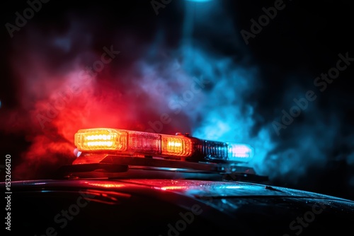 Red and Blue Police Emergency Lights Flashing in Nighttime Law Enforcement Scene with Smoke Effects.