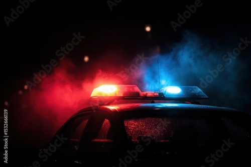 Red and Blue Police Emergency Lights Flashing in Nighttime Law Enforcement Scene with Smoke Effects.