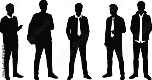 Silhouette of five confident business professionals in formal attire standing in a line