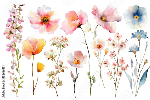 Watercolor pastel wild flower clipart set on white background