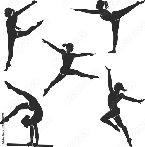 Silhouettes of female gymnasts performing various acrobatic and athletic poses.