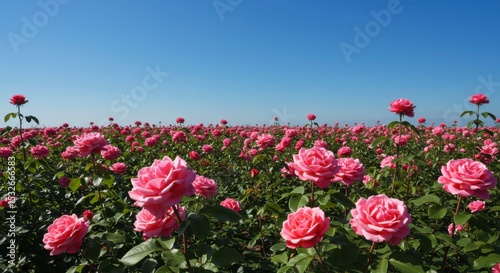 Expansive field of vibrant pink roses under a clear blue sky