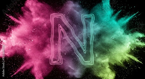 Colorful powder explosion forming letter 'N'
