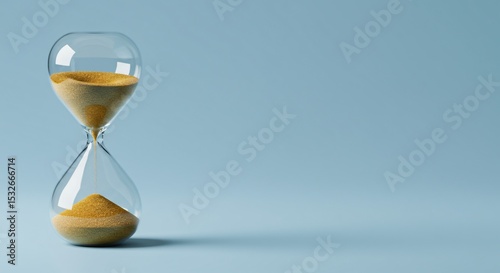 Elegant hourglass with golden sand against a serene blue background symbolizes time management, deadline, and life's fleeting moments.