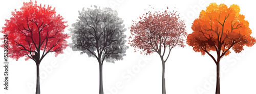 Bare autumn trees with colorful leaves, a lone oak silhouette against a winter sky, perfect for a vector nature illustration