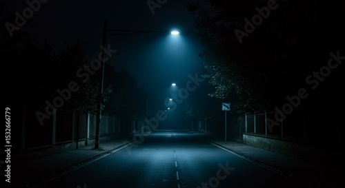 A lonely street bathed in silence, illuminated by a single flickering street lamp under a moonless sky. Shadows stretch into darkness, evoking mystery and solitude.