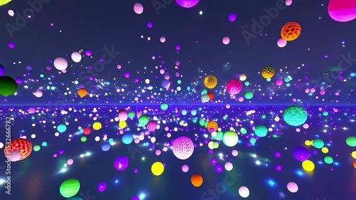  Floating spheres and cubes drifting through a digital space slowly shifting their colors and patterns