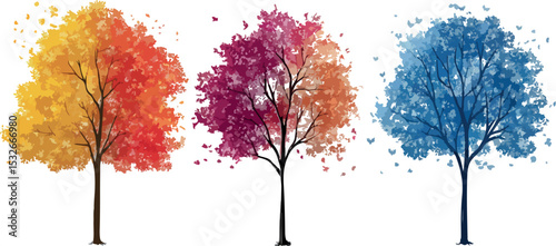 Three stylized trees in different colors representing seasons with falling leaves on a white background creating a simple and elegant nature illustration for design projects