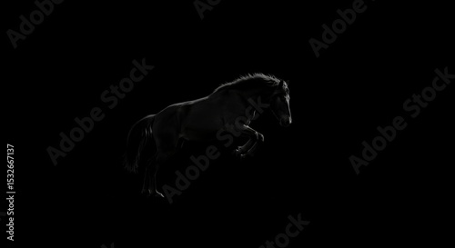 A powerful black horse leaps against a stark black background, its muscles tense, showcasing dynamic movement and grace