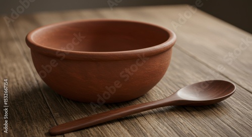 Terracotta bowl and wooden spoon on a wooden table