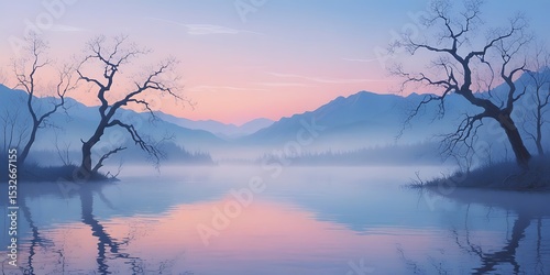 Serene lake reflecting pastel dawn sky, surrounded by bare trees and distant mountains, creating a peaceful natural scene.

