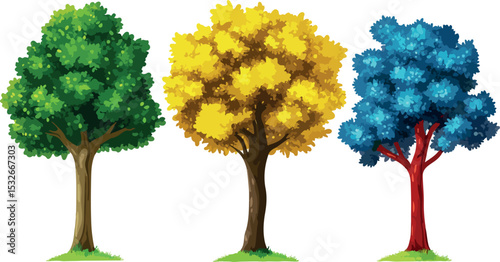 Vibrant Trees Representing the Four Seasons with Colorful Foliage and Butterflies Illustrating the Cycle of Nature and the Beauty of Seasonal Changes on a White