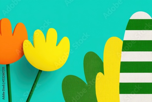 Colorful Paper Flowers and Green Leaves Against a Bright Turquoise Background with Striped Shape for Creative Projects and Designs