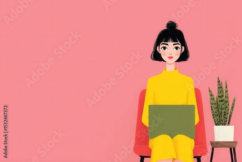Young woman with laptop seated in modern chair against pink wall, showcasing productivity and creativity in a stylish home office environment