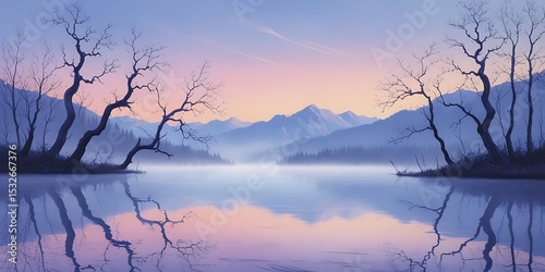 Serene lake reflecting pastel dawn sky, surrounded by bare trees and distant mountains, creating a peaceful natural scene.

