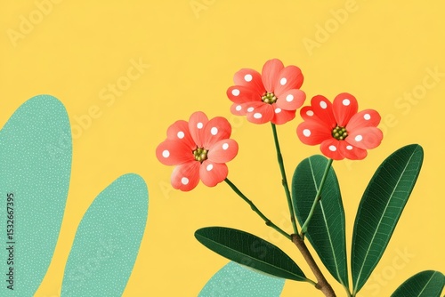 Vibrant Floral Illustration with Bright Red Flowers and Leafy Green Elements Set Against a Bold Yellow Background for Decorative Use