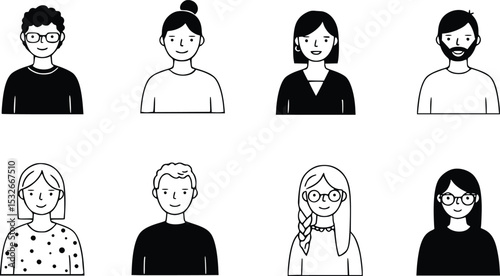 Black and white illustration of eight diverse individuals with unique hairstyles and expressions in line art format