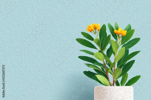 Bright Yellow Flowering Plant in Modern Pot Against Soft Blue Background for Interior Decoration and Home Aesthetics